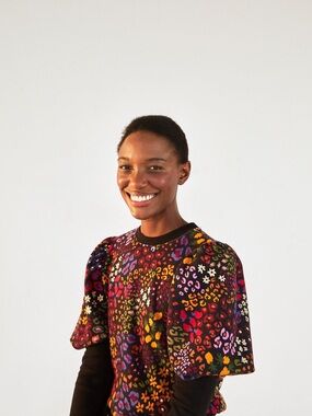 FARM Rio Multicolor Leopard-Print Puff-Sleeve Sweatshirt with Black Trim